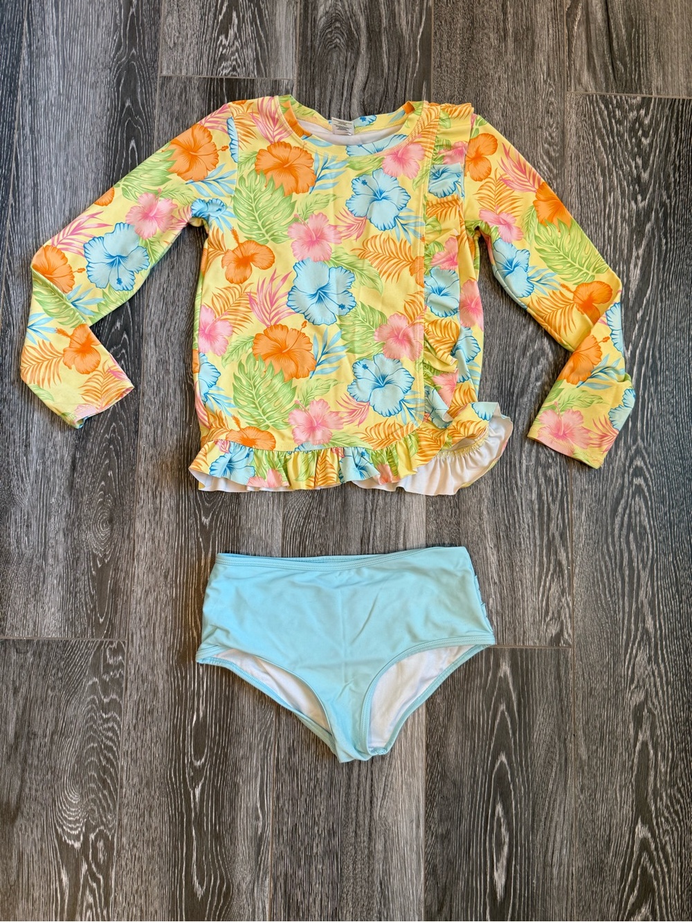 Ruffle Butts Yellow Floral Rashguard Set with Light Blue Bottoms